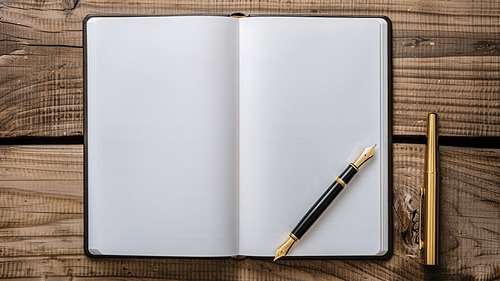 Cuaderno abierto con pluma sobre una mesa